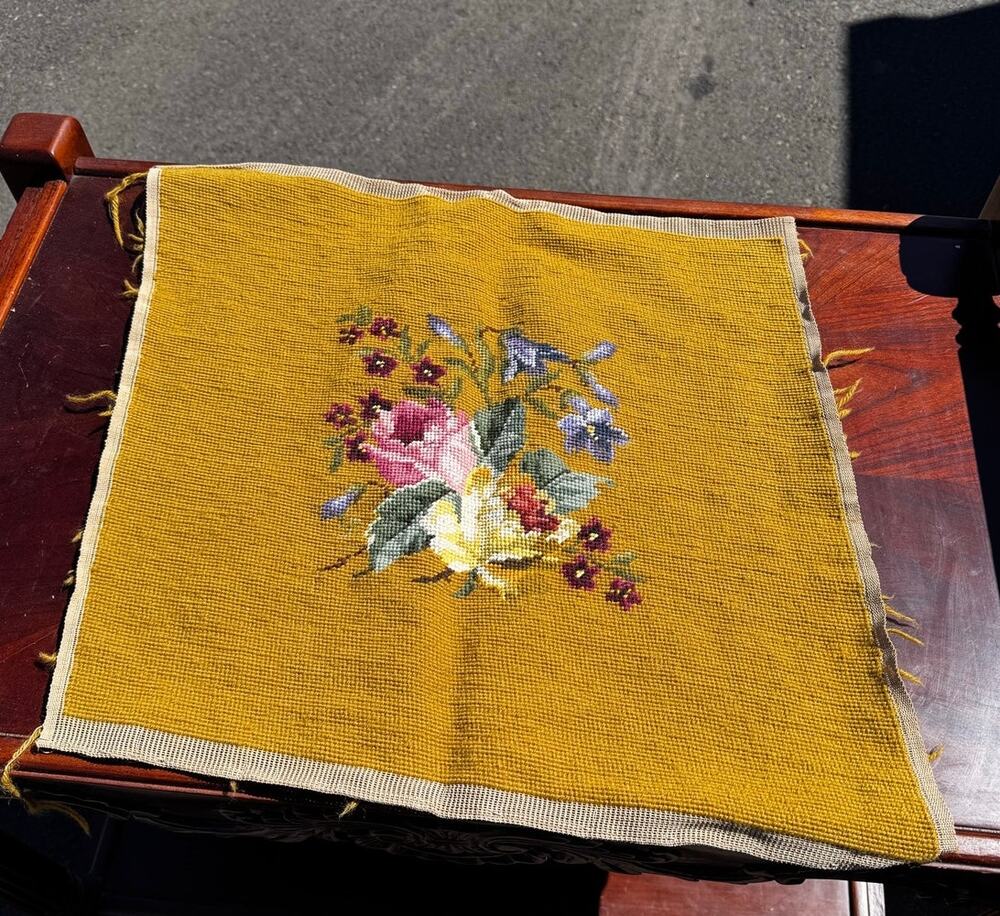 vintage needlepoint panel multi-colored floral bouquet mustard yellow background